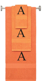 Orange monogrammed towel set with Black thread, Times New Roman font, initial A - 540 GSM cotton 3-piece