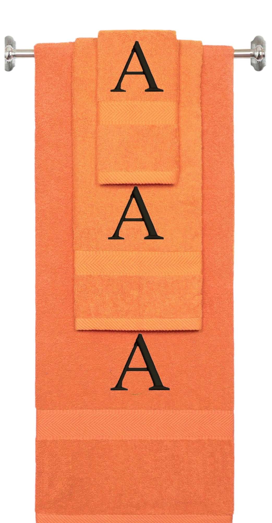 Orange monogrammed towel set with Black thread, Times New Roman font, initial A - 540 GSM cotton 3-piece