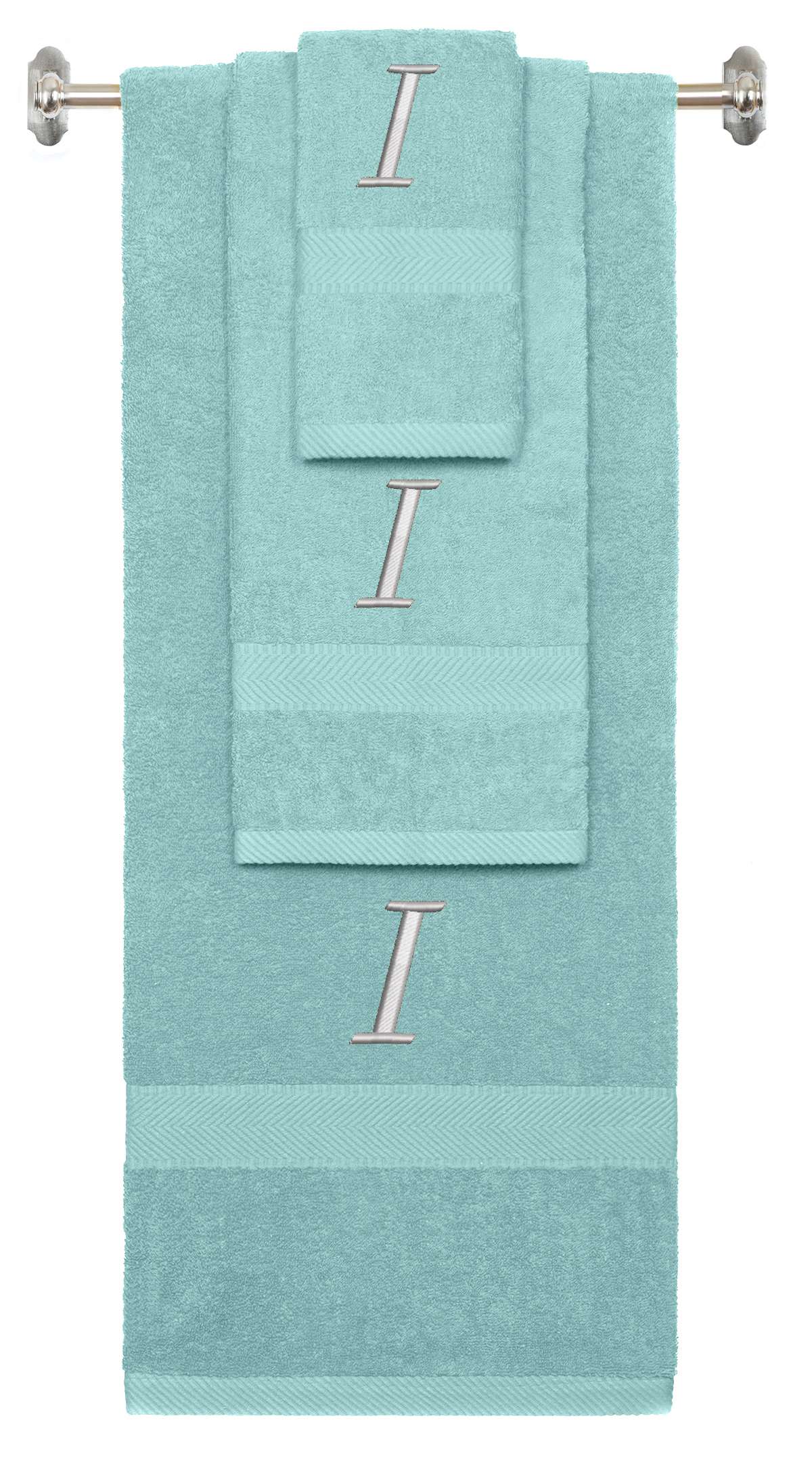Nautical Teal monogrammed towel set with Silver thread, Chancery font, initial I - 540 GSM cotton 3-piece