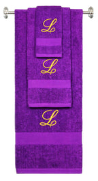 Purple monogrammed towel set with Gold thread, Diana Script font, initial L - 540 GSM cotton 3-piece