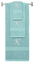 Nautical Teal monogrammed towel set with White thread, Chancery font, initial K - 540 GSM cotton 3-piece