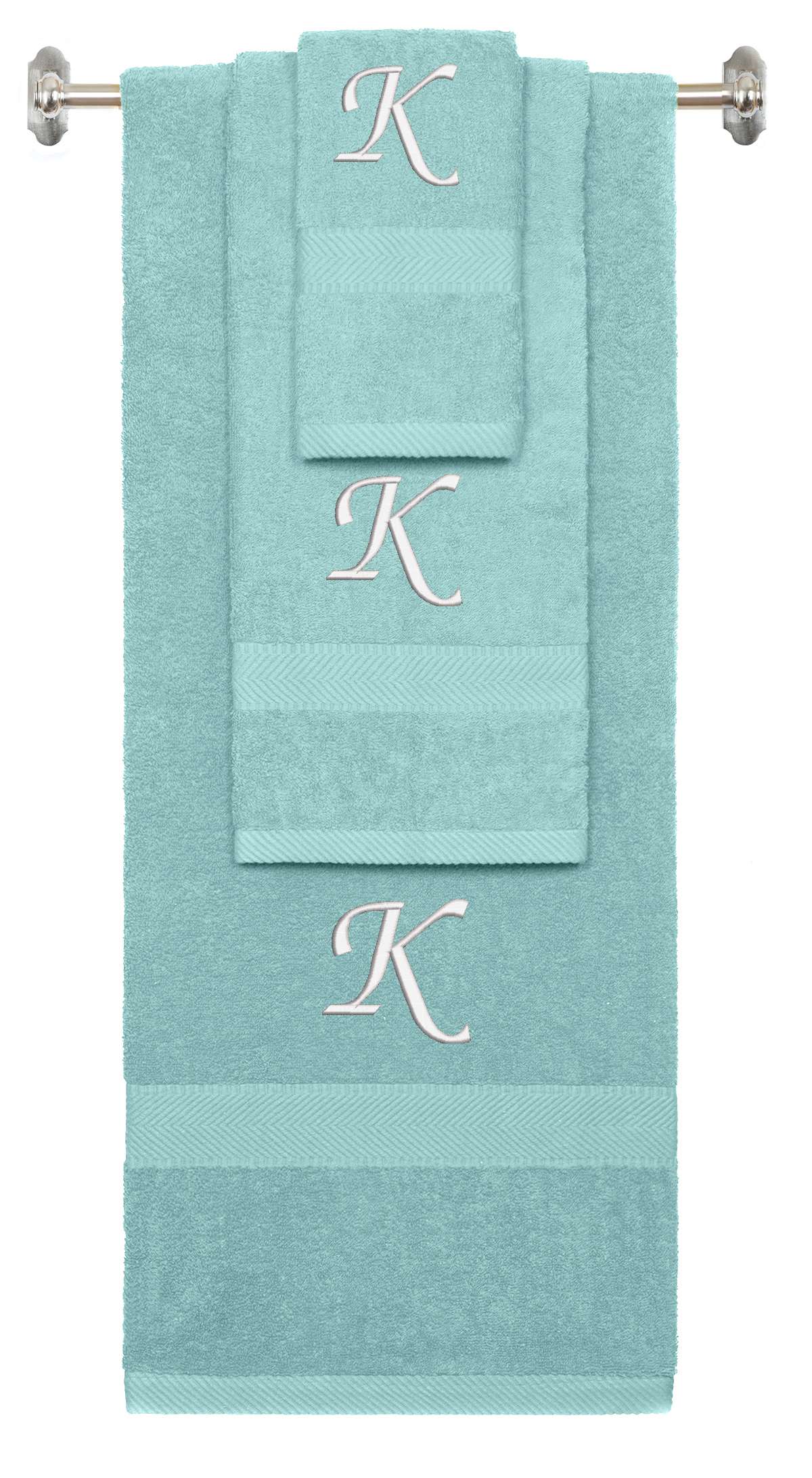 Nautical Teal monogrammed towel set with White thread, Chancery font, initial K - 540 GSM cotton 3-piece