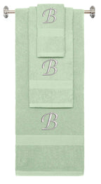 Mint Green monogrammed towel set with Silver thread, Chancery font, initial B - 540 GSM cotton 3-piece