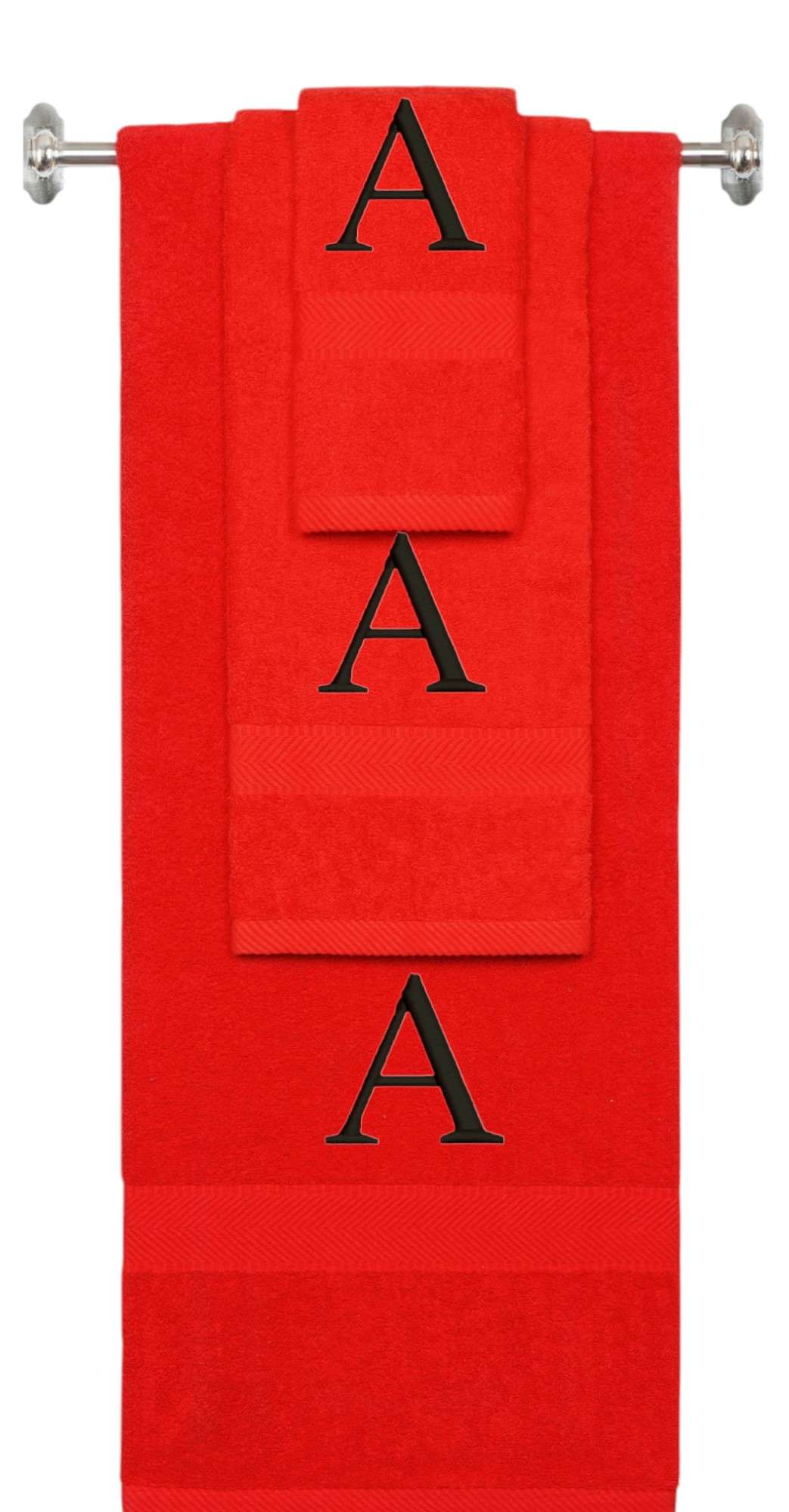Red monogrammed towel set with Black thread, Times New Roman font, initial A - 540 GSM cotton 3-piece