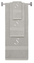 Silver monogrammed towel set with White thread, Chancery font, initial S - 540 GSM cotton 3-piece