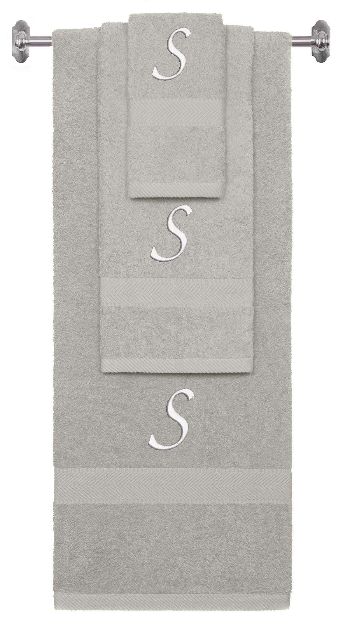 Silver monogrammed towel set with White thread, Chancery font, initial S - 540 GSM cotton 3-piece