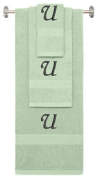 Mint Green monogrammed towel set with Black thread, Chancery font, initial U - 540 GSM cotton 3-piece
