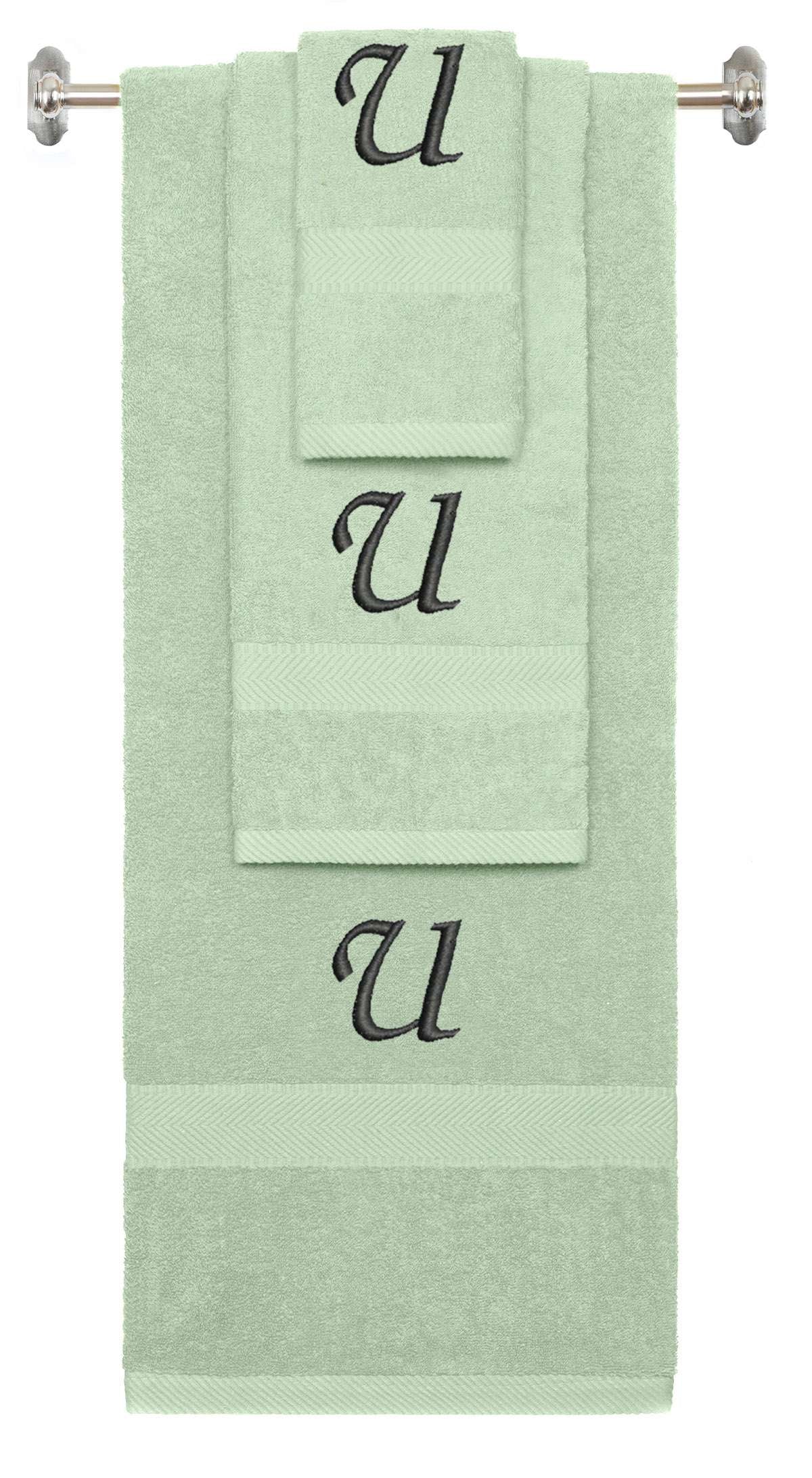 Mint Green monogrammed towel set with Black thread, Chancery font, initial U - 540 GSM cotton 3-piece