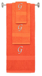 Orange monogrammed towel set with Silver thread, Chancery font, initial G - 540 GSM cotton 3-piece