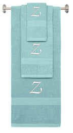 Nautical Teal monogrammed towel set with White thread, Chancery font, initial Z - 540 GSM cotton 3-piece