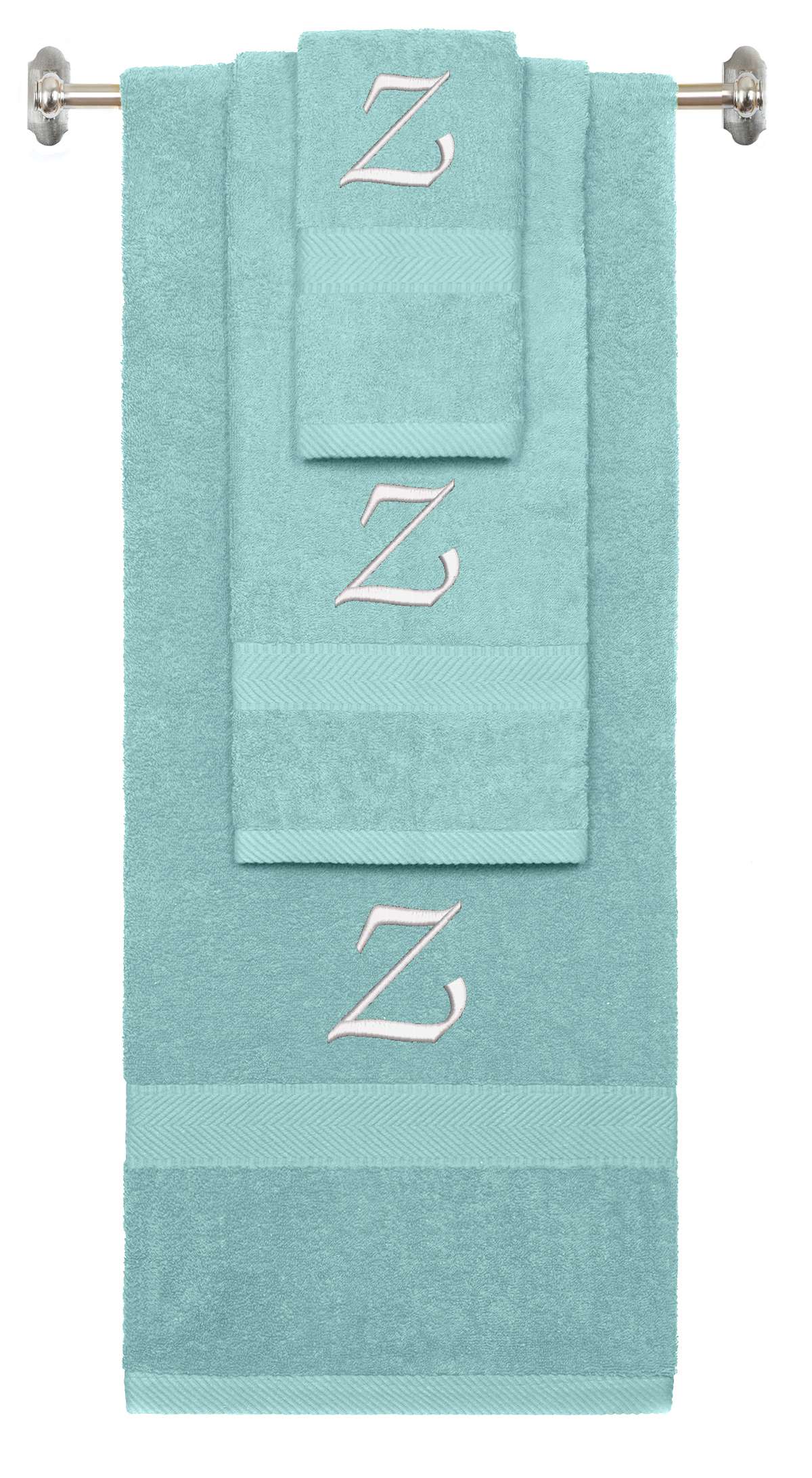 Nautical Teal monogrammed towel set with White thread, Chancery font, initial Z - 540 GSM cotton 3-piece