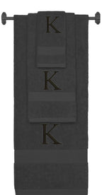 Charcoal monogrammed towel set with Black thread, Times New Roman font, initial K - 540 GSM cotton 3-piece
