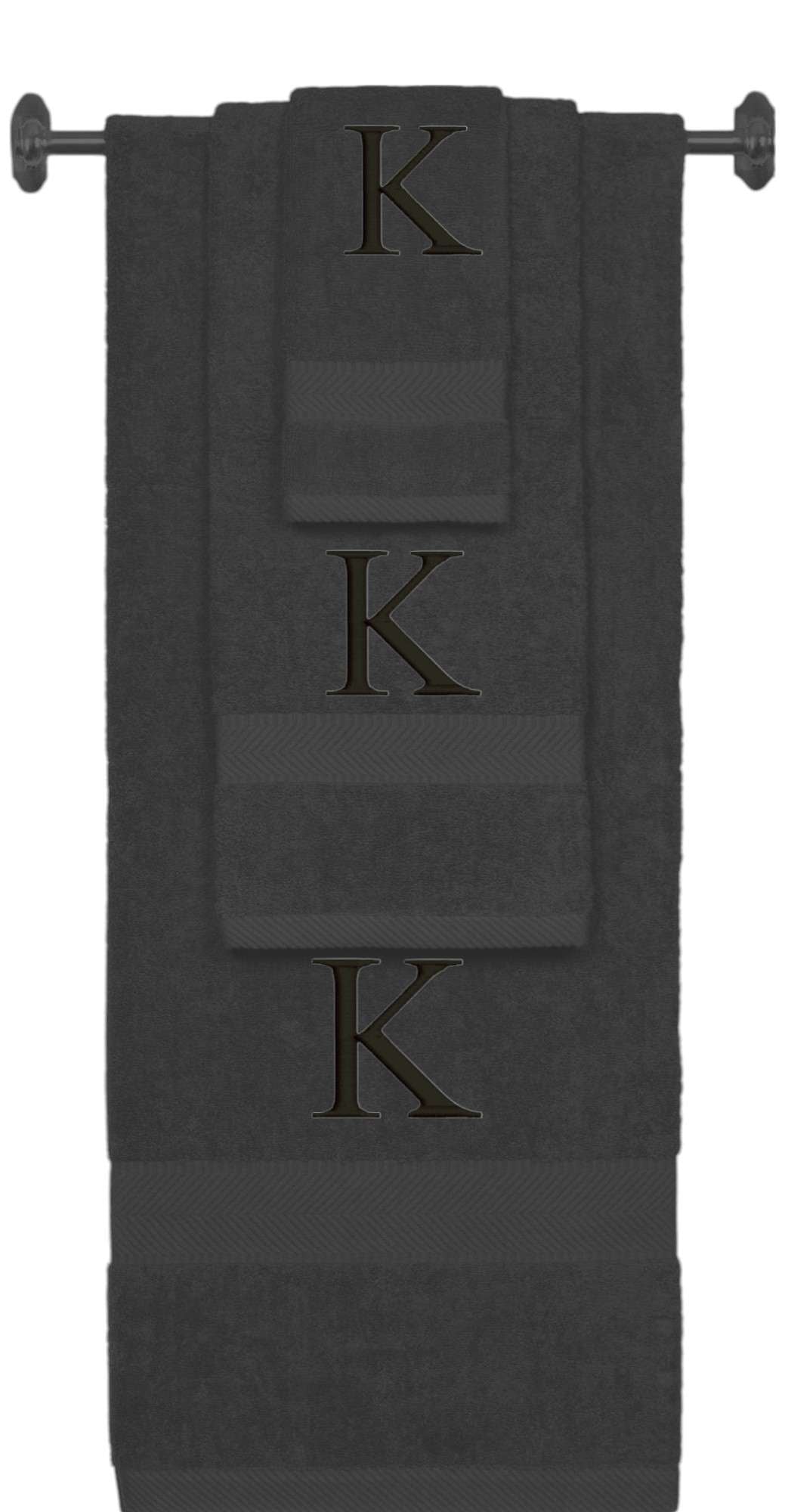 Charcoal monogrammed towel set with Black thread, Times New Roman font, initial K - 540 GSM cotton 3-piece