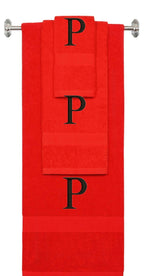 Red monogrammed towel set with Black thread, Times New Roman font, initial P - 540 GSM cotton 3-piece
