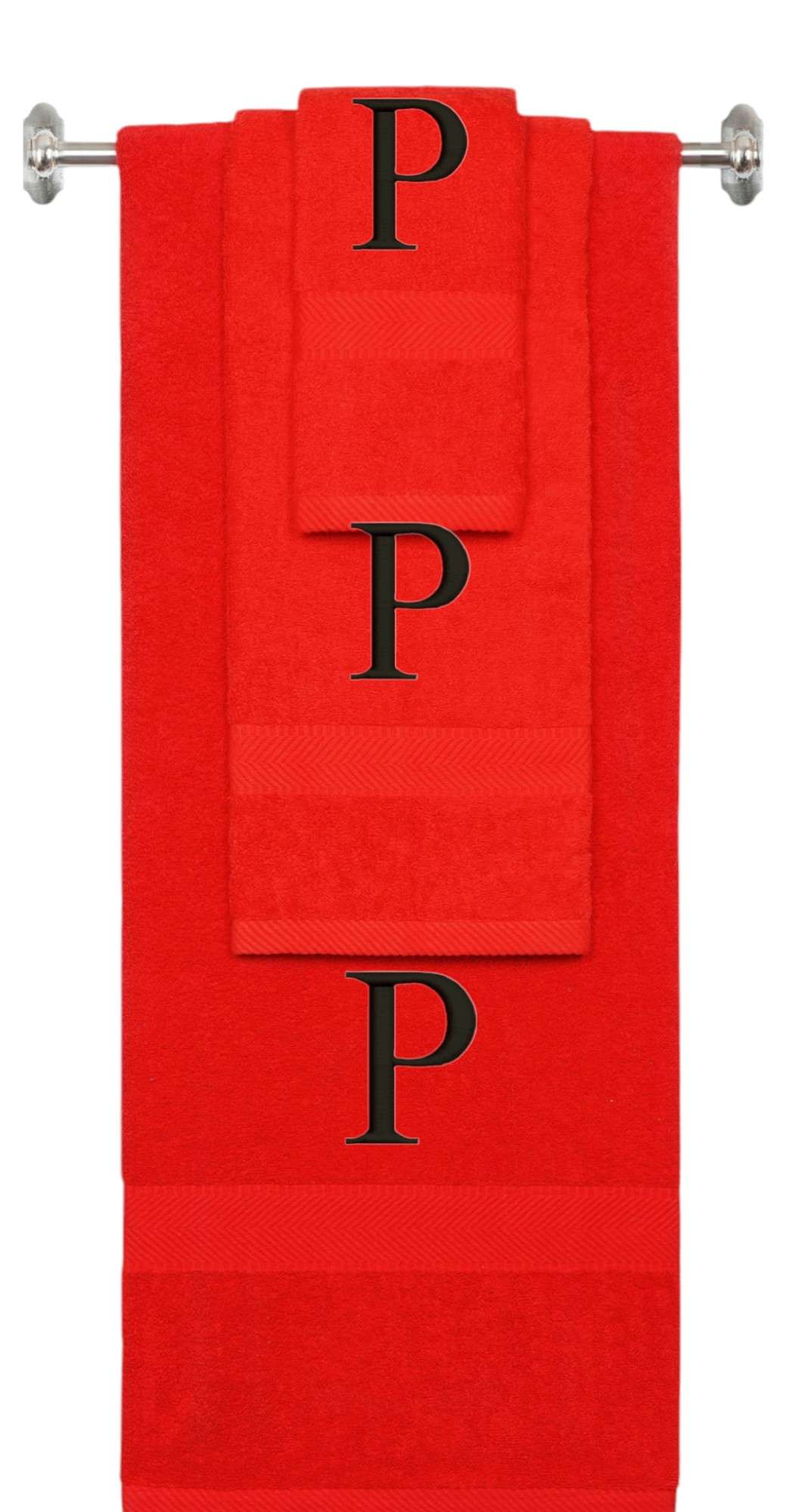 Red monogrammed towel set with Black thread, Times New Roman font, initial P - 540 GSM cotton 3-piece