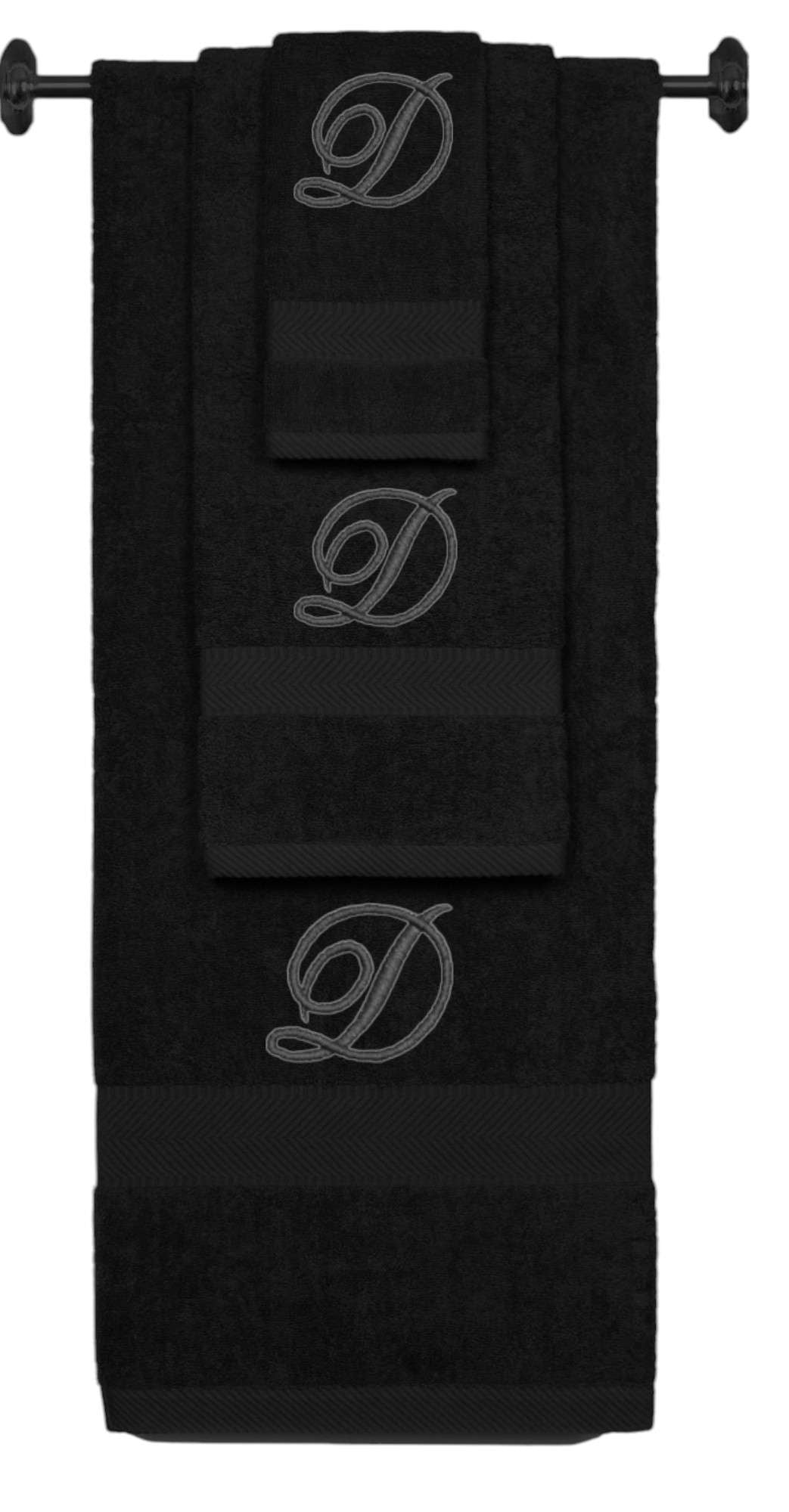 Black monogrammed towel set with Black thread, Diana Script font, initial D - 540 GSM cotton 3-piece