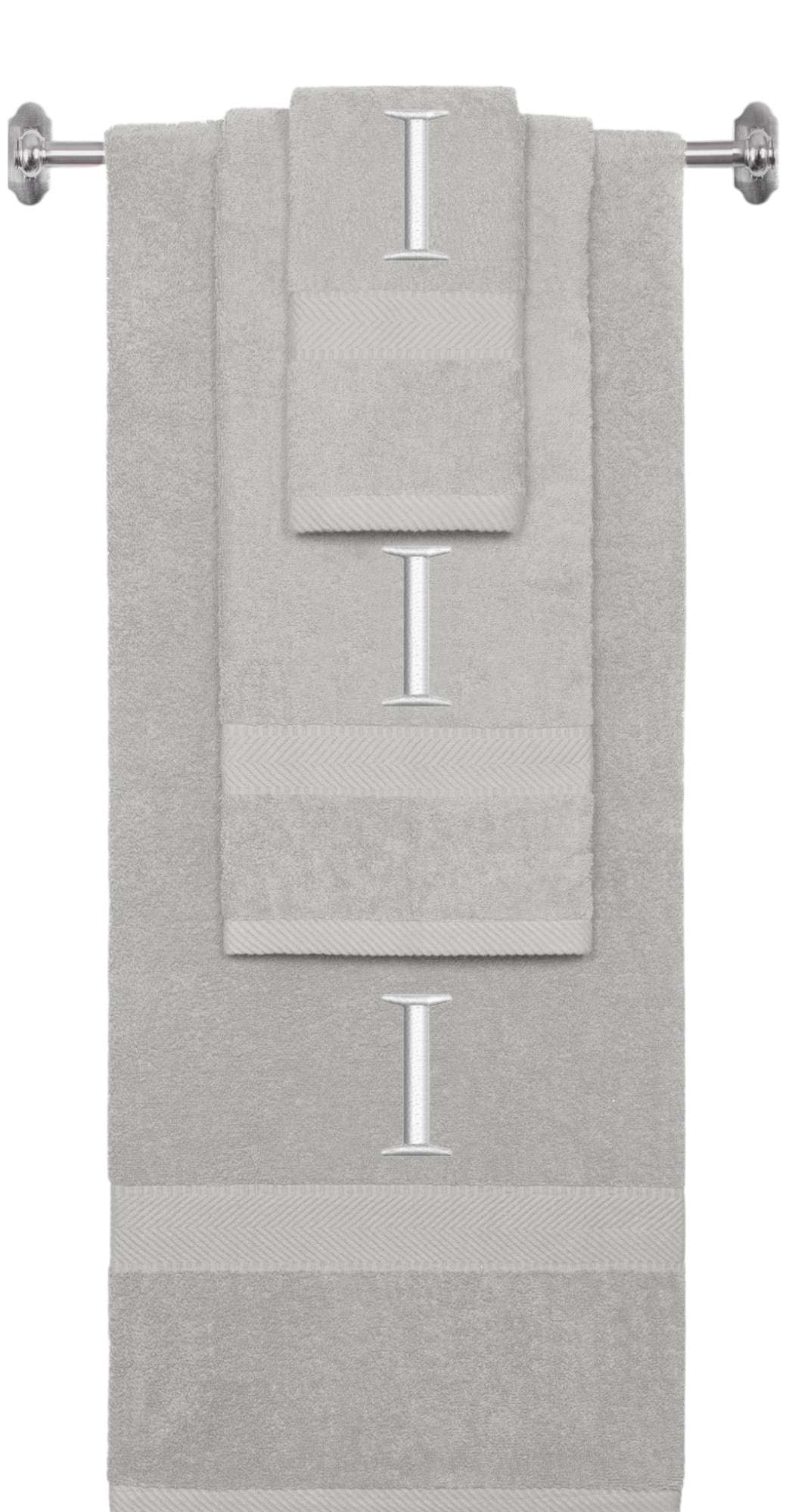Silver monogrammed towel set with Silver thread, Times New Roman font, initial I - 540 GSM cotton 3-piece