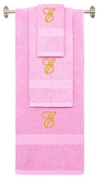Pink monogrammed towel set with Gold thread, Diana Script font, initial E - 540 GSM cotton 3-piece