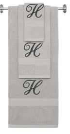 Silver monogrammed towel set with Black thread, Diana Script font, initial H - 540 GSM cotton 3-piece