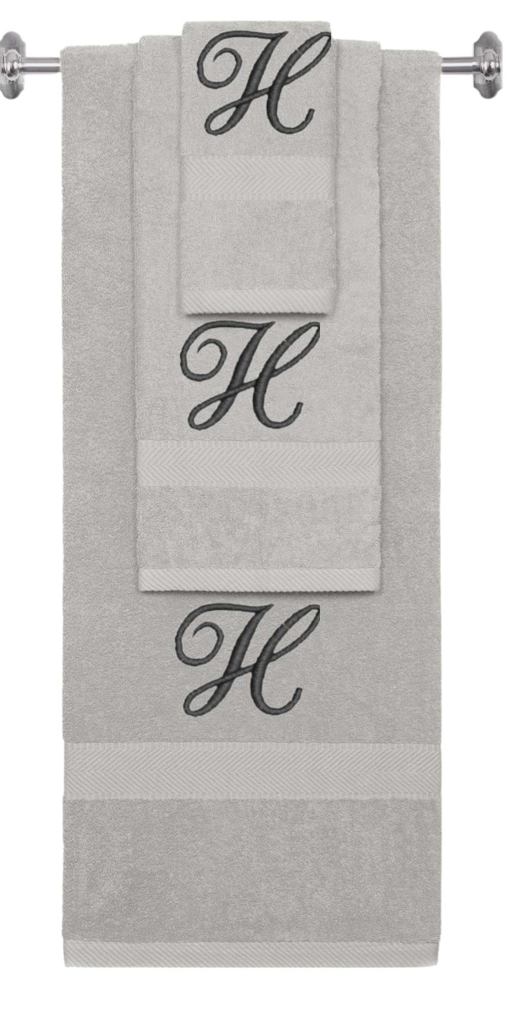 Silver monogrammed towel set with Black thread, Diana Script font, initial H - 540 GSM cotton 3-piece
