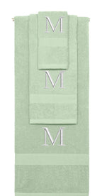 Mint Green monogrammed towel set with Silver thread, Times New Roman font, initial M - 540 GSM cotton 3-piece