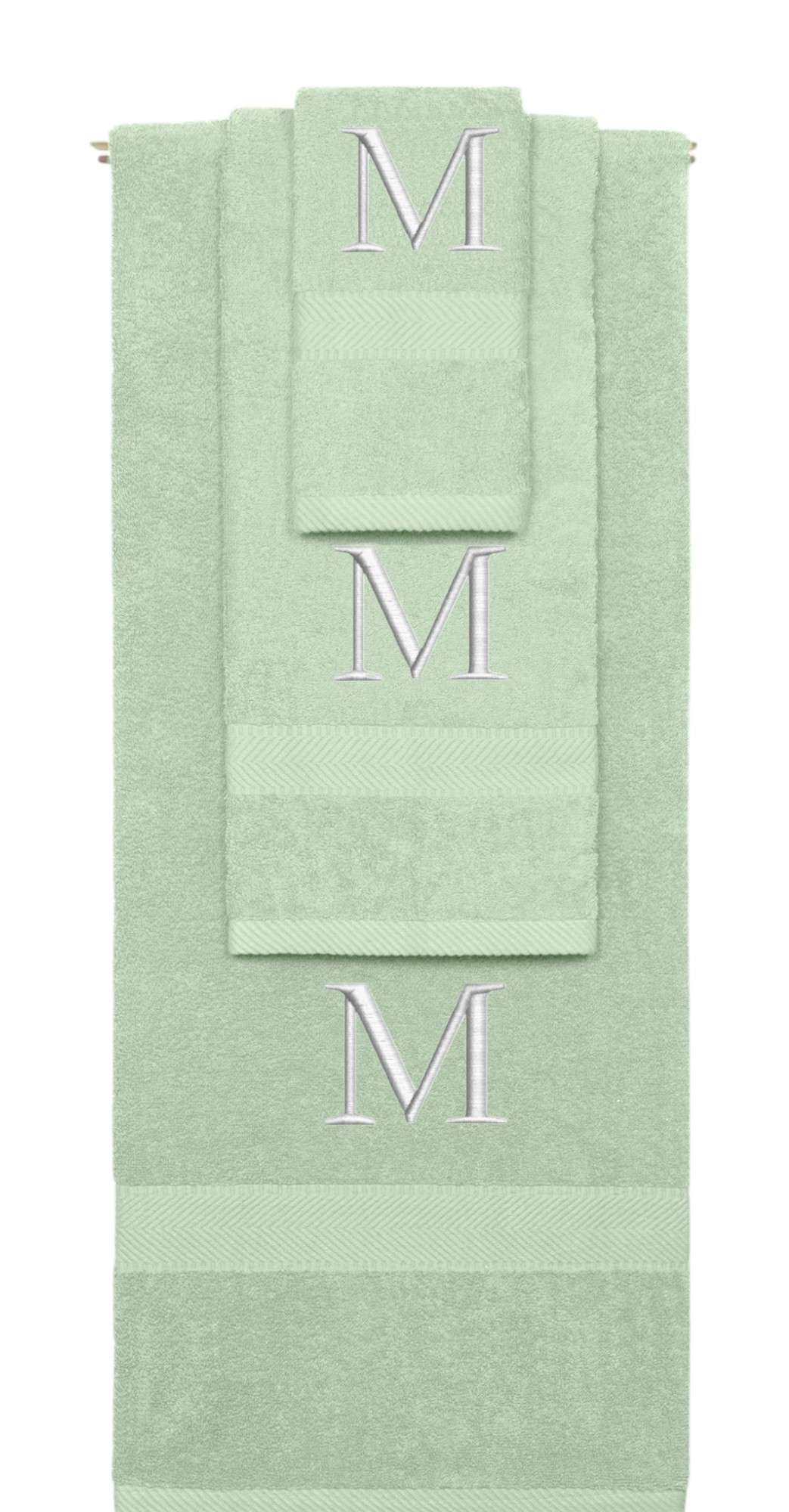Mint Green monogrammed towel set with Silver thread, Times New Roman font, initial M - 540 GSM cotton 3-piece