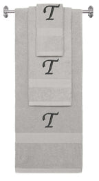 Silver monogrammed towel set with Black thread, Chancery font, initial T - 540 GSM cotton 3-piece