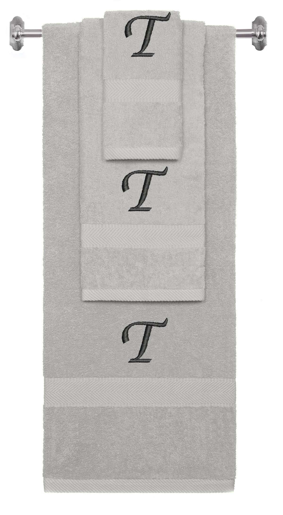 Silver monogrammed towel set with Black thread, Chancery font, initial T - 540 GSM cotton 3-piece