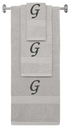 Silver monogrammed towel set with Black thread, Chancery font, initial G - 540 GSM cotton 3-piece