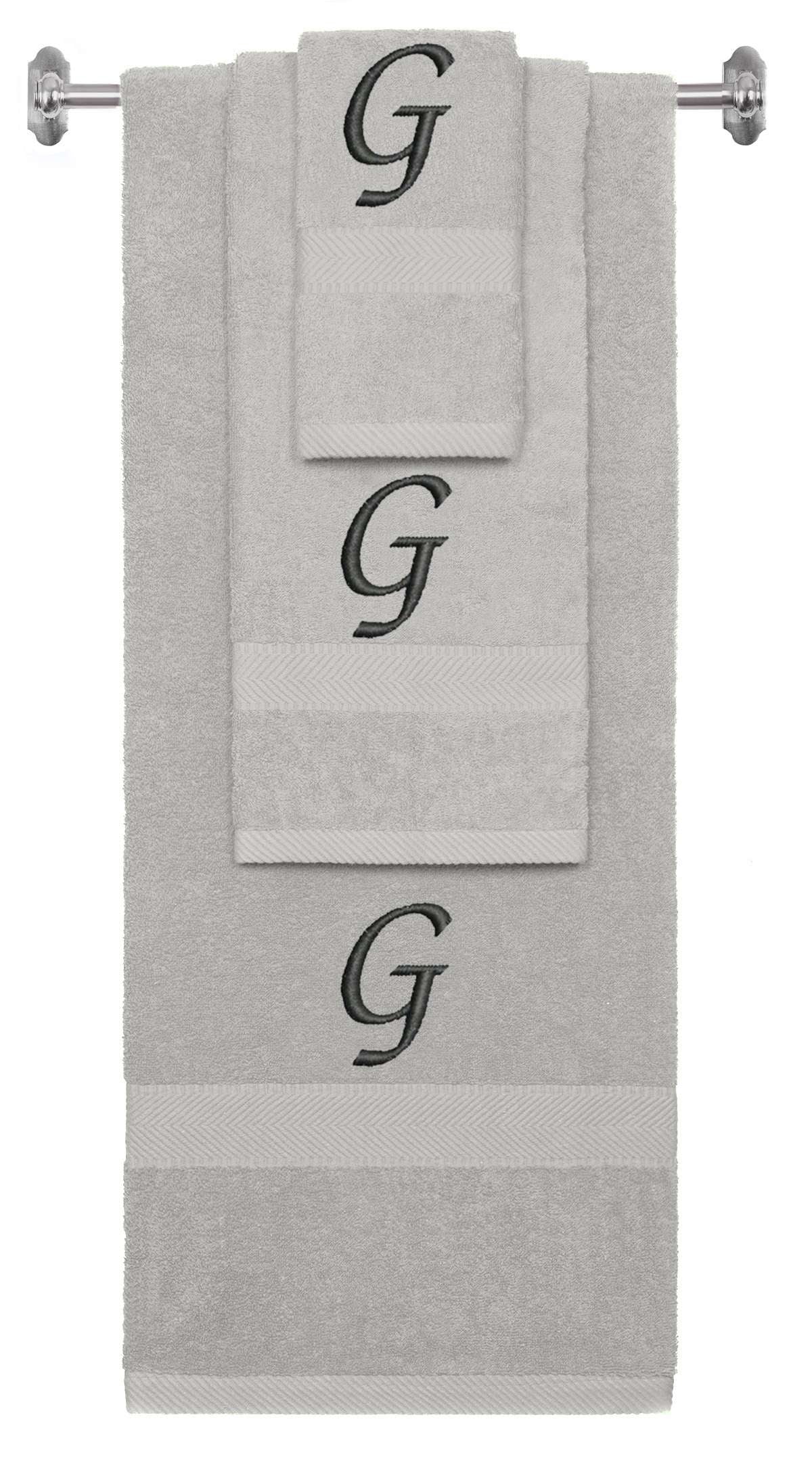 Silver monogrammed towel set with Black thread, Chancery font, initial G - 540 GSM cotton 3-piece