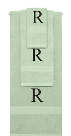 Mint Green monogrammed towel set with Black thread, Times New Roman font, initial R - 540 GSM cotton 3-piece