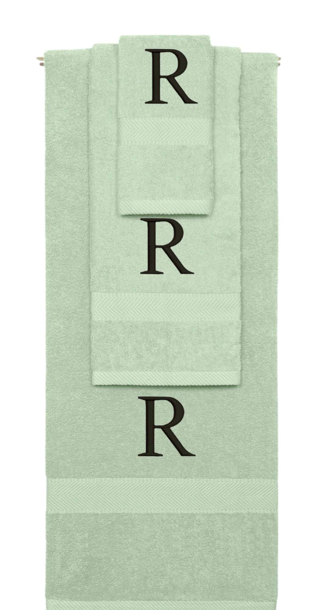 Mint Green monogrammed towel set with Black thread, Times New Roman font, initial R - 540 GSM cotton 3-piece