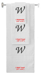 White monogrammed towel set with Black thread, Chancery font, initial W - 540 GSM cotton 3-piece