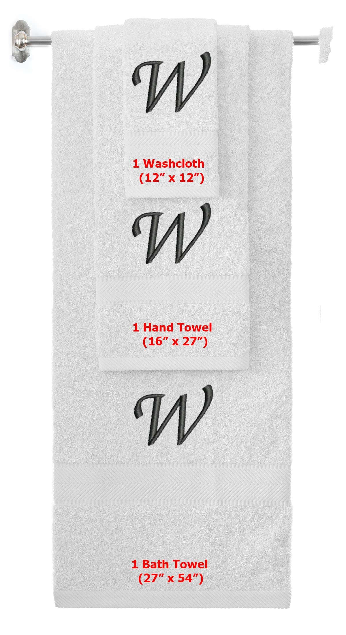White monogrammed towel set with Black thread, Chancery font, initial W - 540 GSM cotton 3-piece