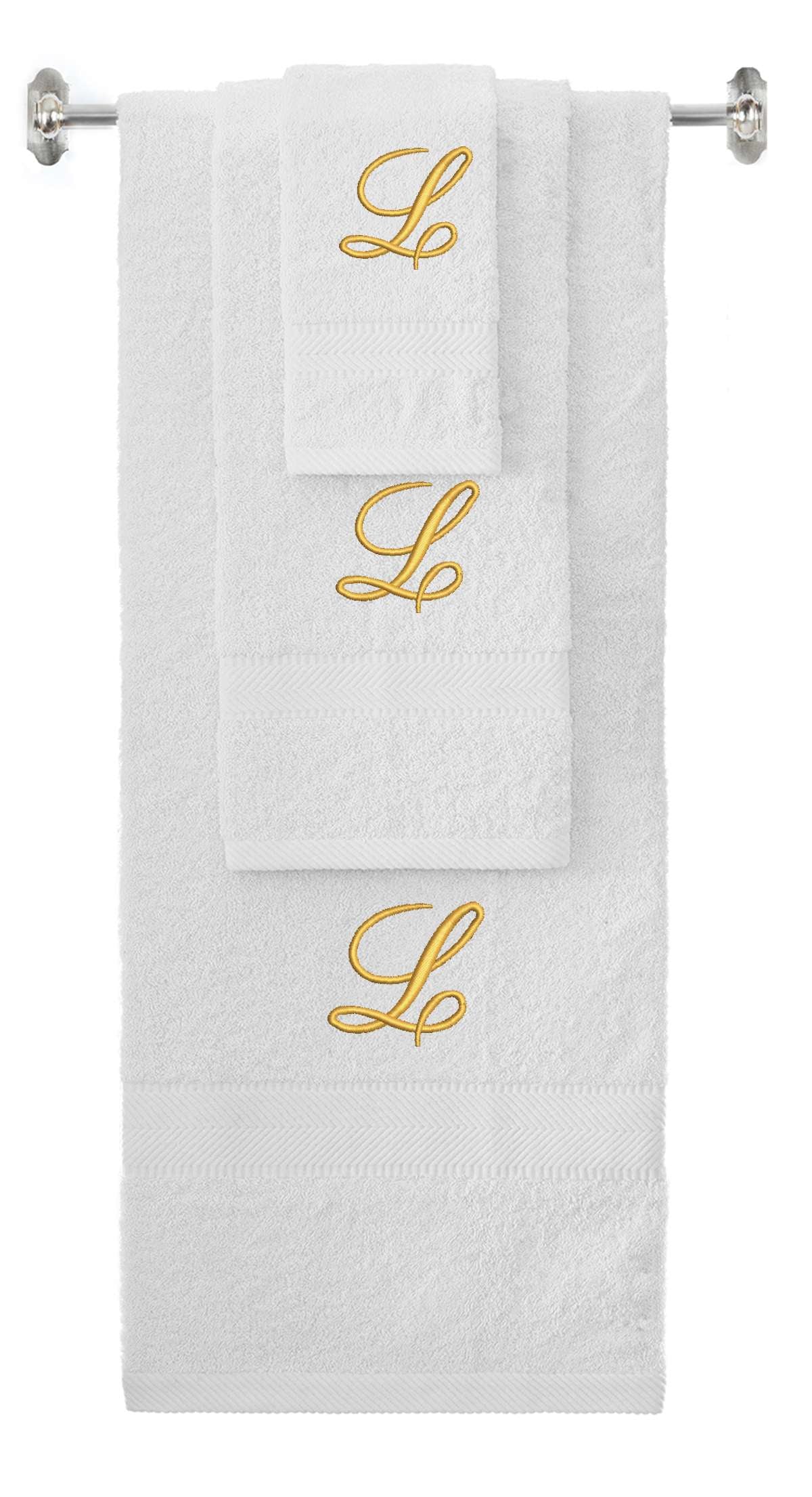 White monogrammed towel set with Gold thread, Diana Script font, initial L - 540 GSM cotton 3-piece