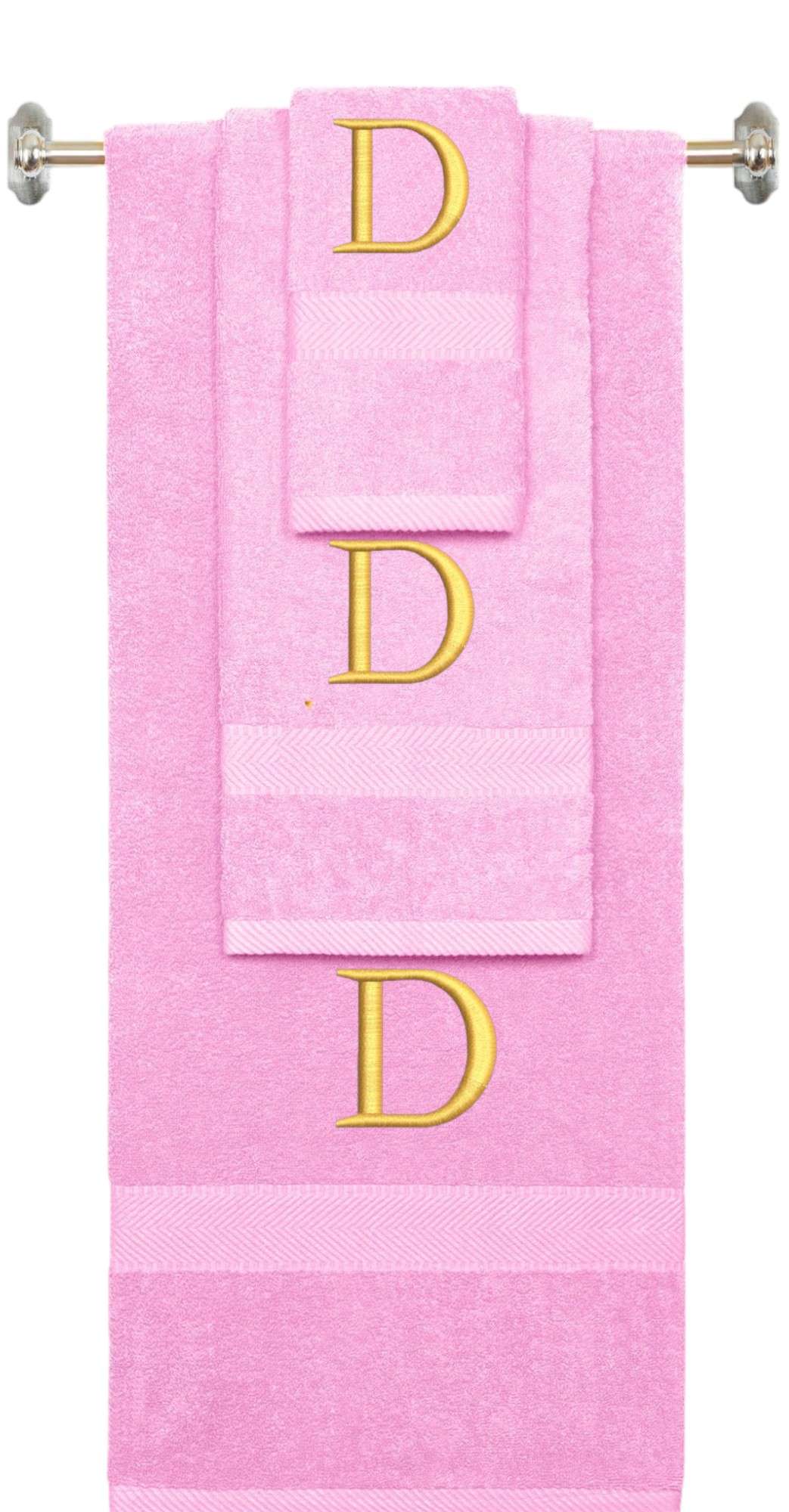 Pink monogrammed towel set with Silver thread, Times New Roman font, initial D - 540 GSM cotton 3-piece
