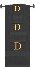 Charcoal monogrammed towel set with Gold thread, Times New Roman font, initial D - 540 GSM cotton 3-piece