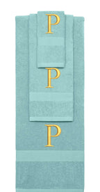 Nautical Teal monogrammed towel set with Gold thread, Times New Roman font, initial P - 540 GSM cotton 3-piece