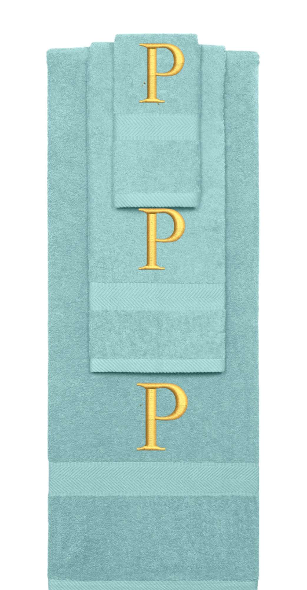 Nautical Teal monogrammed towel set with Gold thread, Times New Roman font, initial P - 540 GSM cotton 3-piece