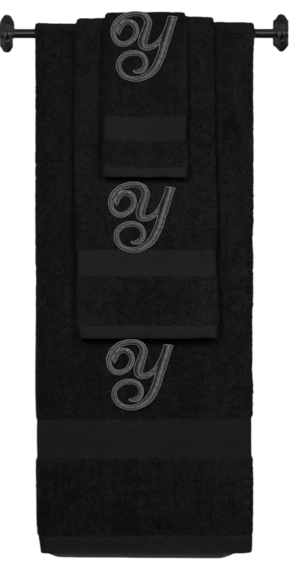 Black monogrammed towel set with Black thread, Diana Script font, initial Y - 540 GSM cotton 3-piece