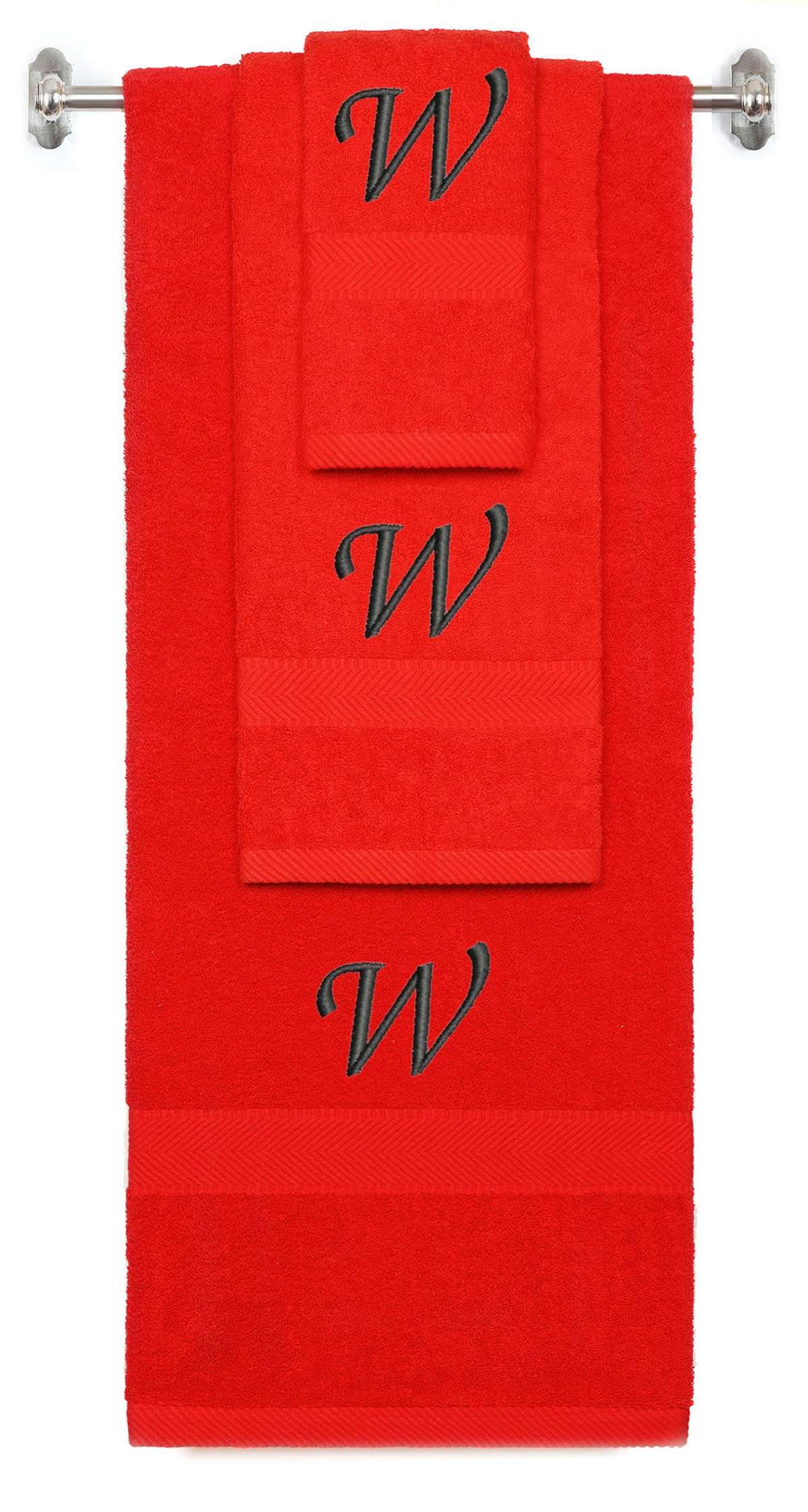 Red monogrammed towel set with Black thread, Chancery font, initial W - 540 GSM cotton 3-piece