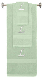 Mint Green monogrammed towel set with White thread, Chancery font, initial L - 540 GSM cotton 3-piece