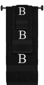 Black monogrammed towel set with Silver thread, Times New Roman font, initial B - 540 GSM cotton 3-piece