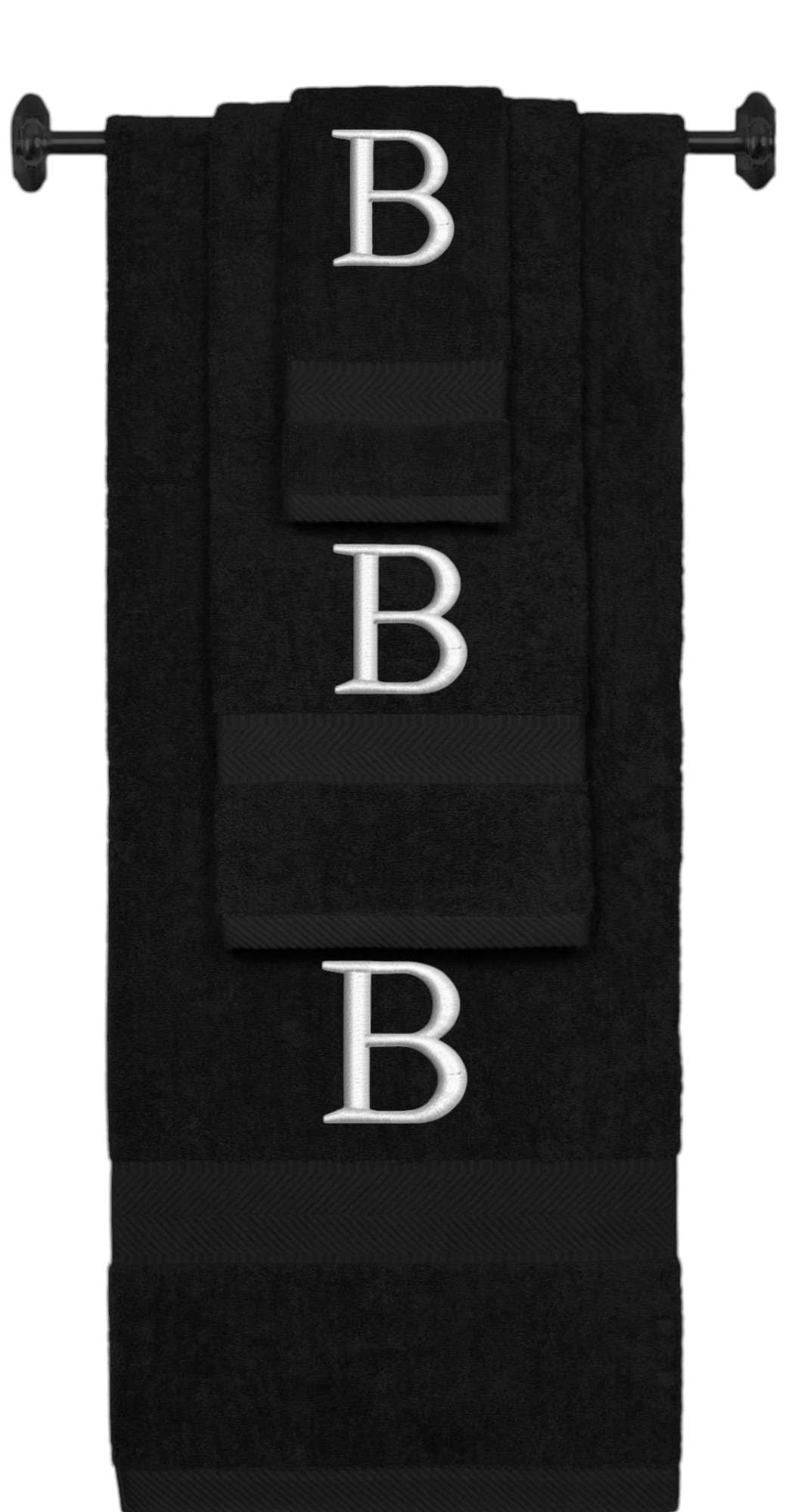 Black monogrammed towel set with Silver thread, Times New Roman font, initial B - 540 GSM cotton 3-piece