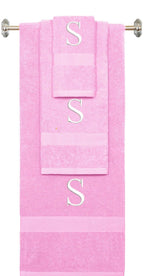 Purple monogrammed towel set with Black thread, Times New Roman font, initial S - 540 GSM cotton 3-piece