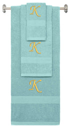Nautical Teal monogrammed towel set with Gold thread, Chancery font, initial K - 540 GSM cotton 3-piece
