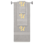Silver monogrammed towel set with Gold thread, Diana Script font, initial U - 540 GSM cotton 3-piece