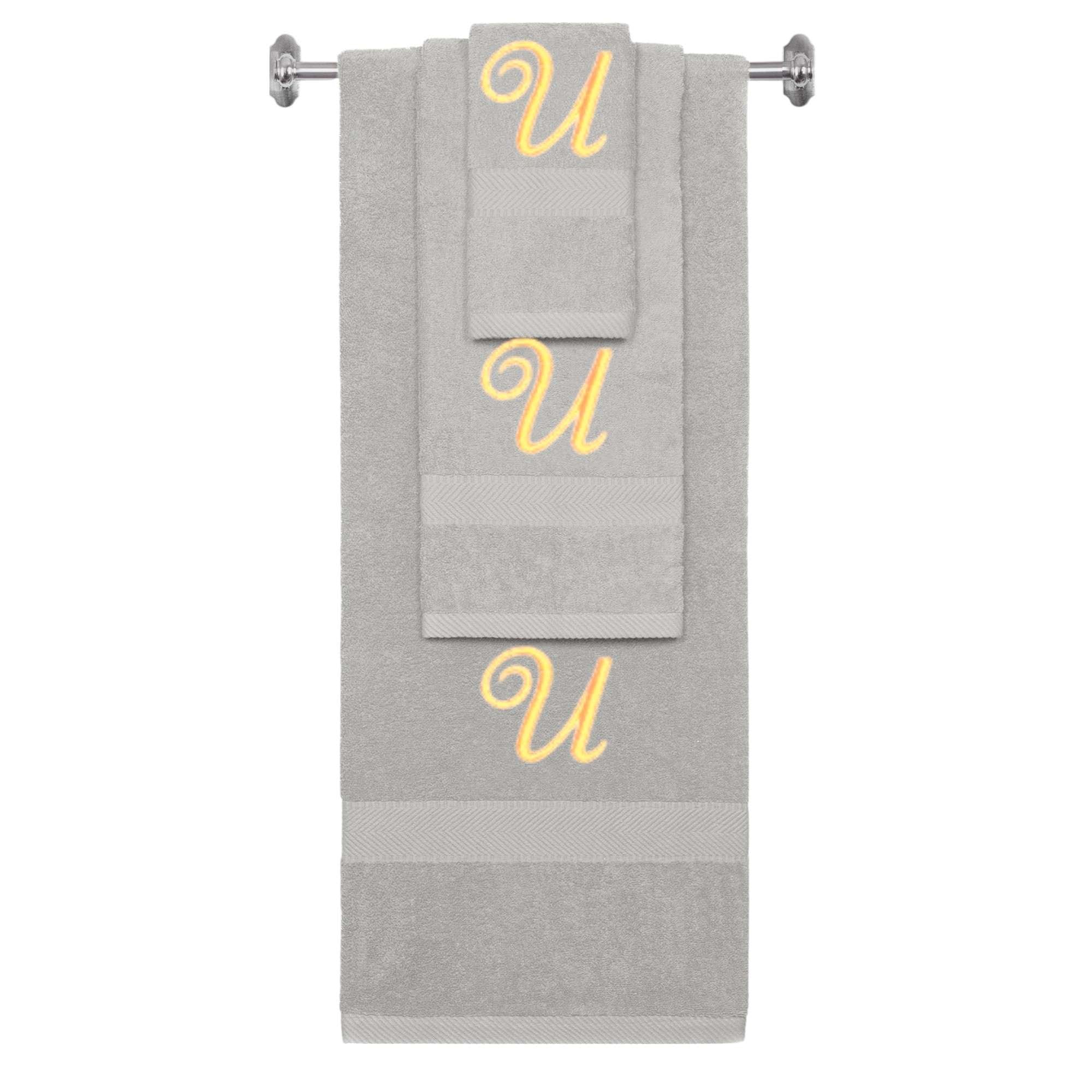 Silver monogrammed towel set with Gold thread, Diana Script font, initial U - 540 GSM cotton 3-piece