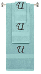 Nautical Teal monogrammed towel set with Black thread, Chancery font, initial U - 540 GSM cotton 3-piece