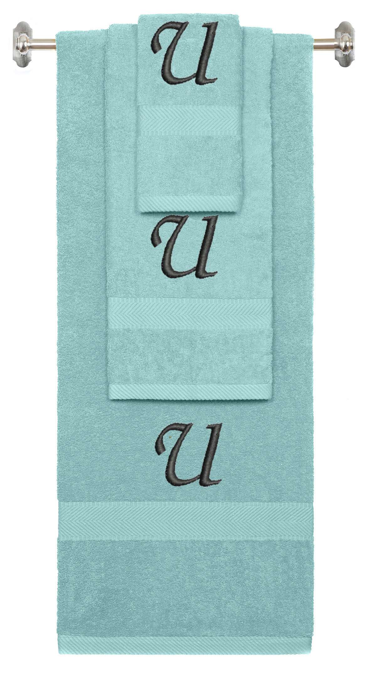 Nautical Teal monogrammed towel set with Black thread, Chancery font, initial U - 540 GSM cotton 3-piece